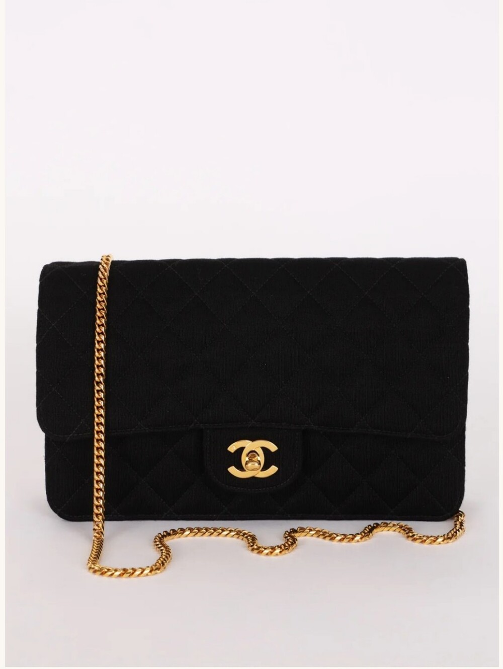 Chanel Authentic 24k Gold Plated Single Flap Jersey Shoulder/Crossbody Bag Black